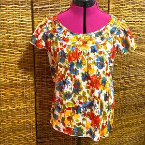 EUC Lemon Grass Petite fall colors, orange, yellow, red cap sleeve Blouse PL